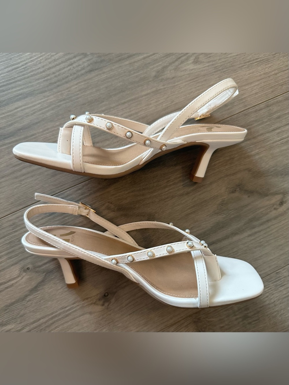 6 Vienna report cream pearl golden kitten heel sandals strapped pearl wedding - Picture 9 of 10